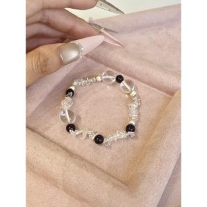Frosted Clarity Clear Quartz & Black Bead Stretch Bracelet