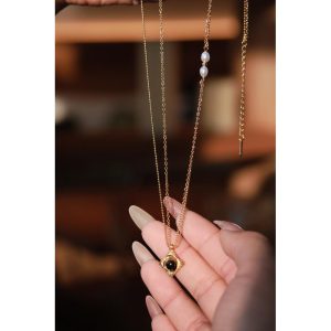 Celestial Dust Tiger’s Eye & Pearl Double-Layered Pendant Necklace